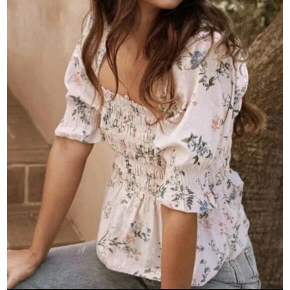 SAYLOR Pink Floral Clover Smocked Bodice Square Neck Peplum Blouse - Picture 1 of 8